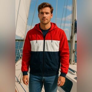 LOGG H&M Label of Graded Goods Men’s Red White Blue Hooded Jacket GUC L #1124